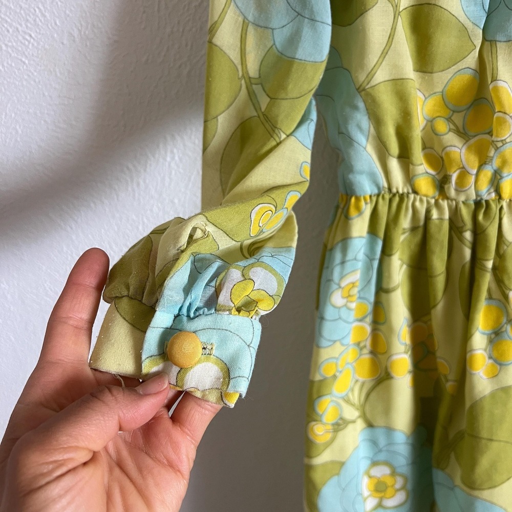 Vintage 60s Floral Dress Long Sleeve Blue Yellow Small Medium romantic Boho - Picture 8 of 12